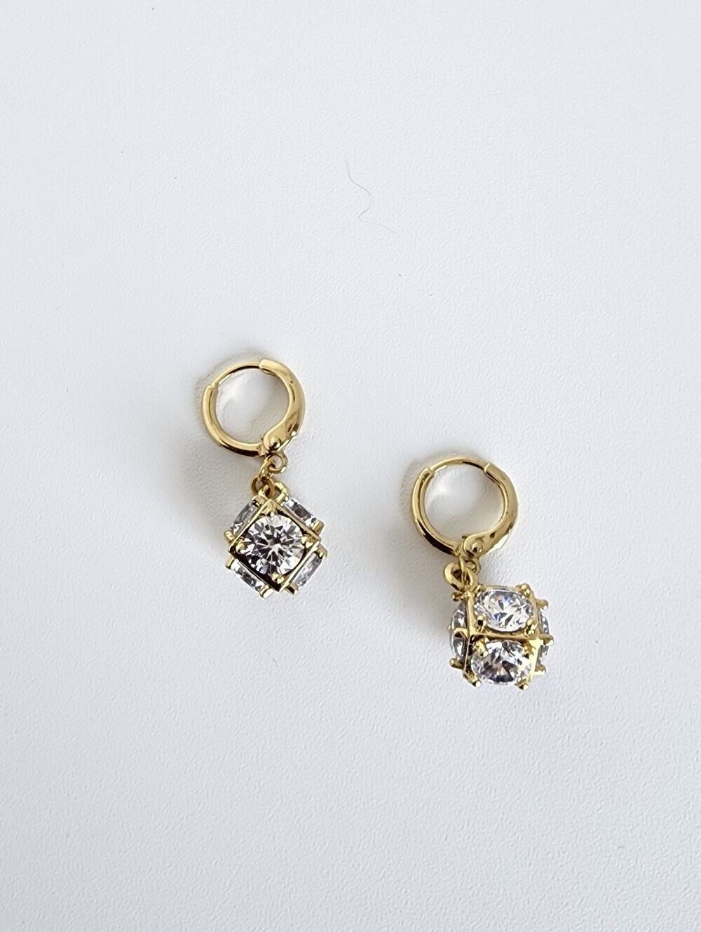Gold Plated CZ Cube Drop Huggie Earrings Dainty Sparkly Luxury Gift